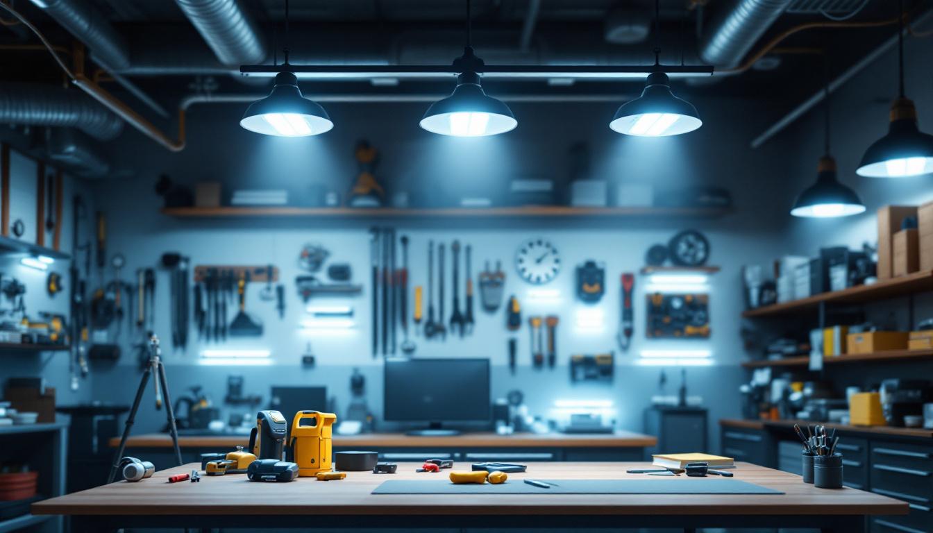 A photograph of a well-lit garage workspace featuring led shop lights in action