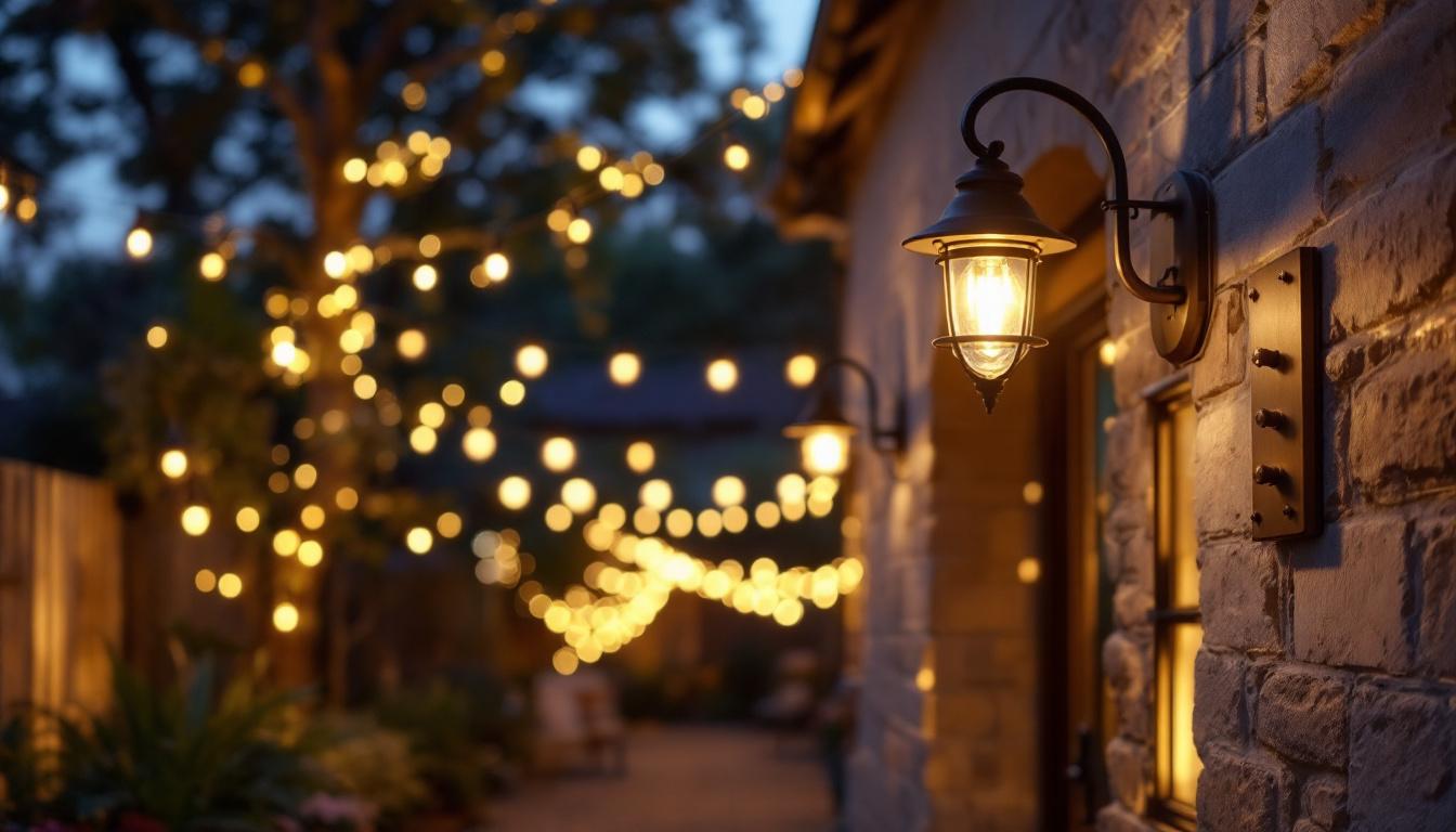 A photograph of a beautifully illuminated outdoor scene showcasing various light brackets in use