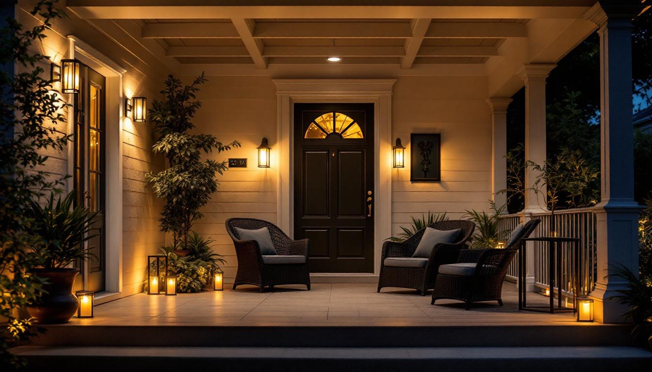 A photograph of a beautifully illuminated porch showcasing a variety of stylish lighting fixtures