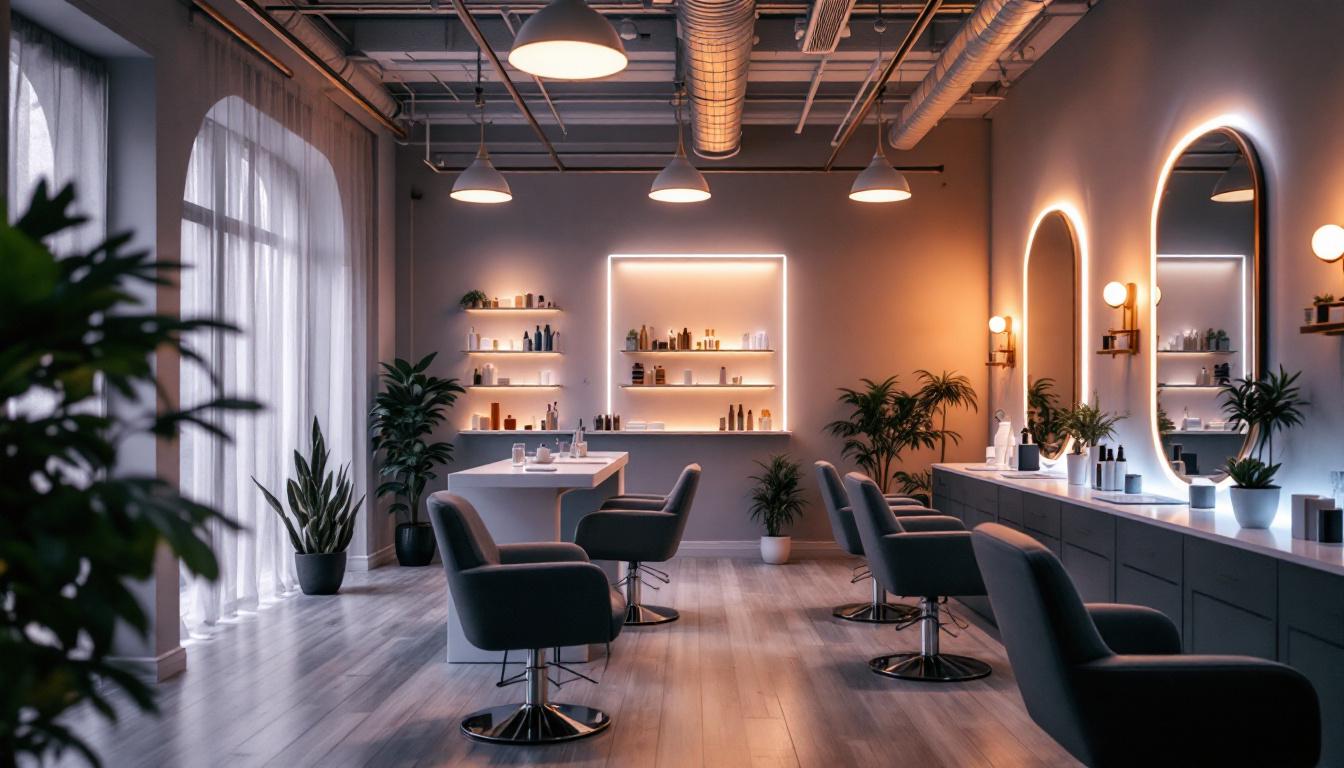 A photograph of a well-lit salon interior showcasing various led lighting systems in use