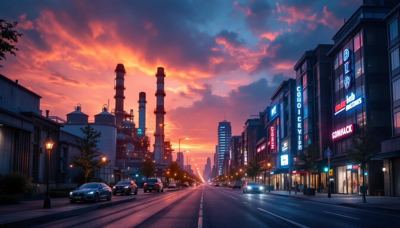A photograph of a vibrant urban street scene at dusk