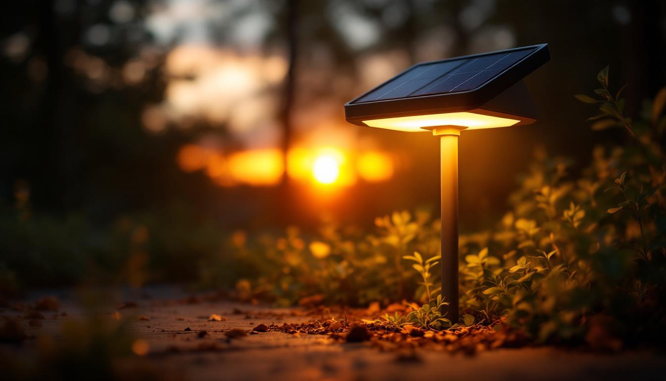 A photograph of a solar-powered led lamp illuminated in a serene outdoor setting during twilight