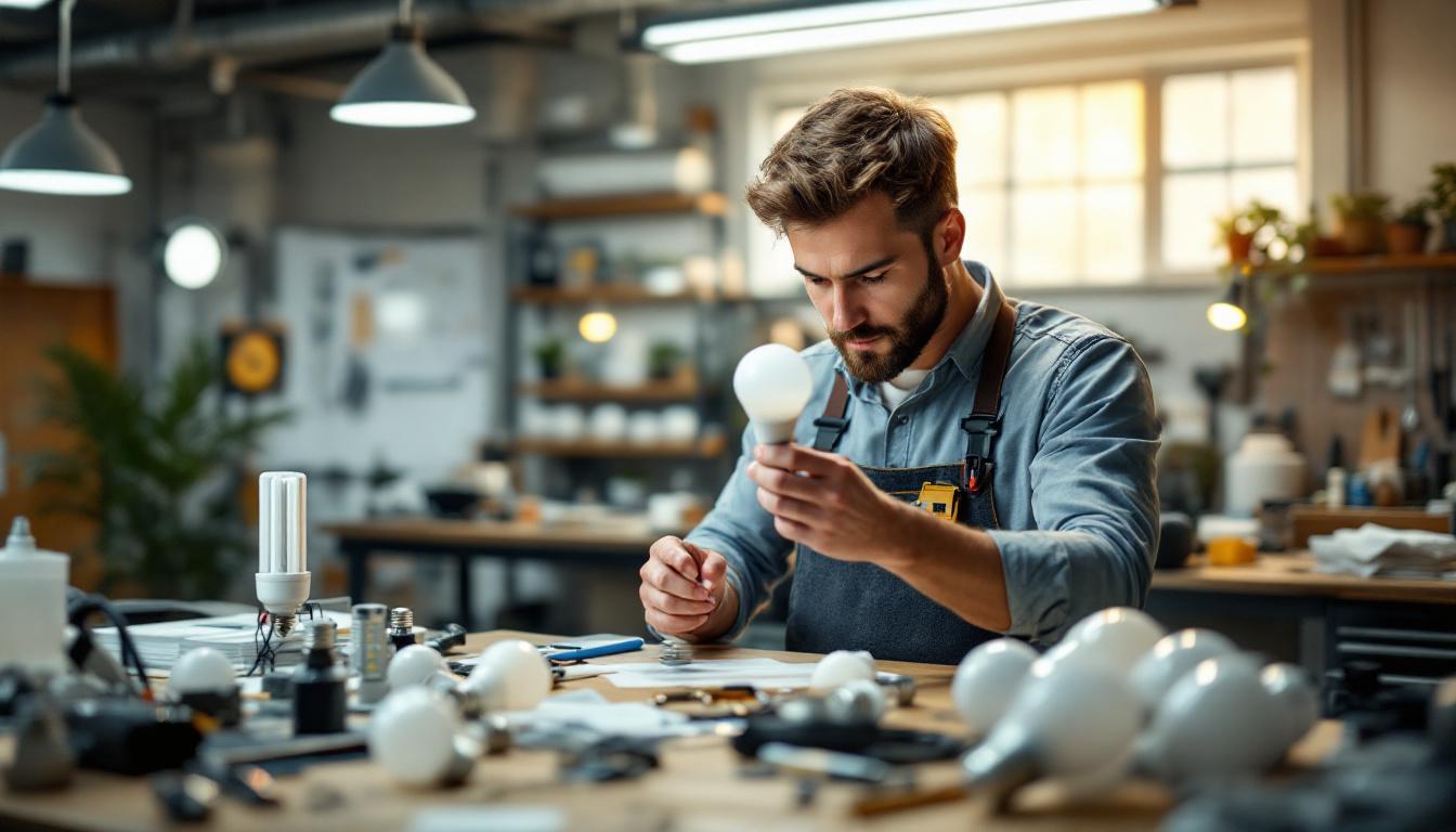 A photograph of a lighting engineer meticulously examining various led and fluorescent bulbs in a well-lit workspace