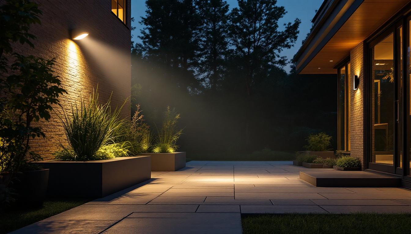 A photograph of a well-designed outdoor space illuminated by a powerful spot flood light