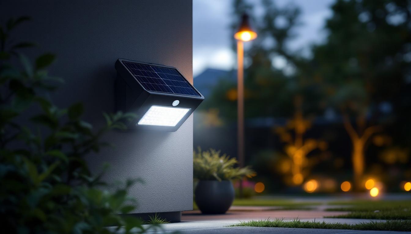 A photograph of a solar-powered motion flood light installed in an outdoor setting