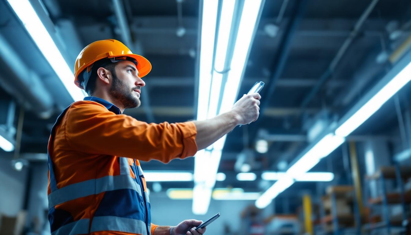 A photograph of an electrical engineer examining a led fluorescent retrofit installation