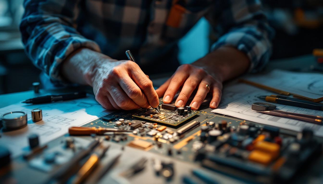 A photograph of a skilled electrical engineer working intently on a circuit board with an led emergency ballast