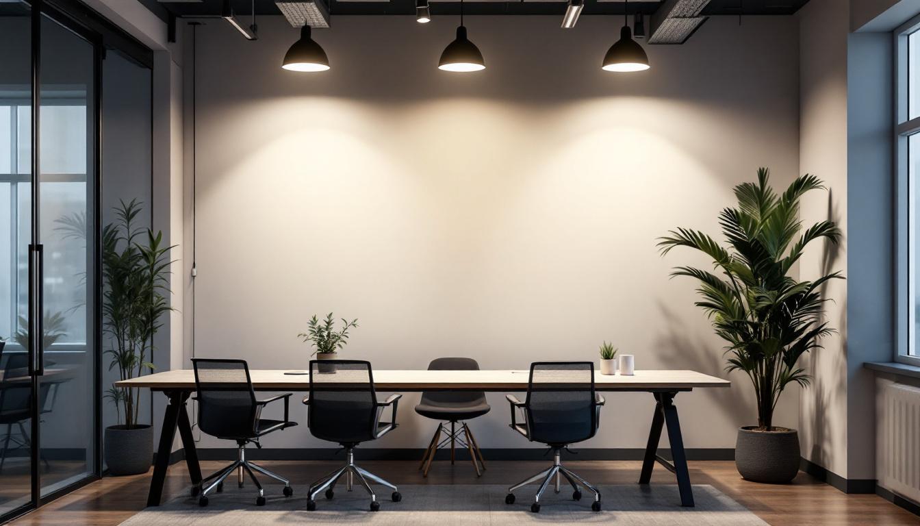 A photograph of a modern office space illuminated by 2x4 led lights