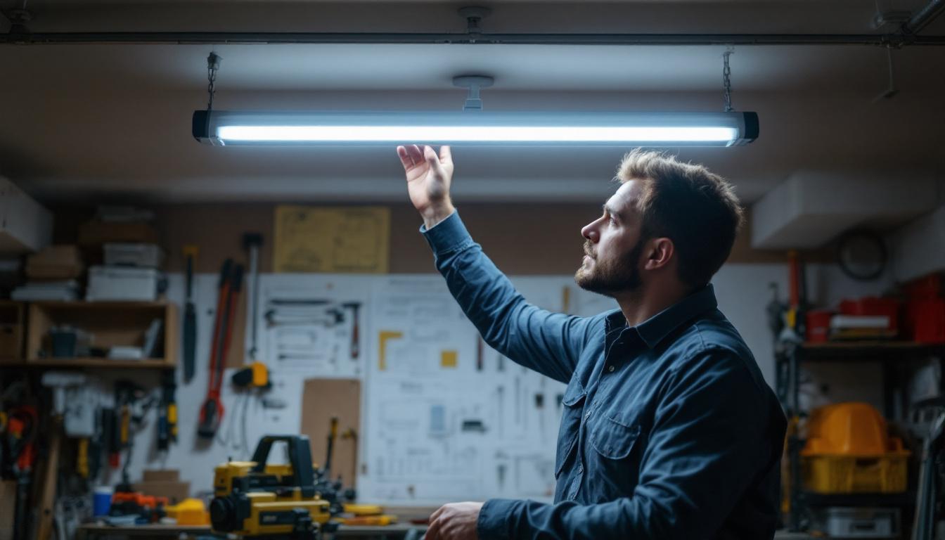 A photograph of a well-lit workspace featuring an electrical engineer examining a ceiling fluorescent lamp installation