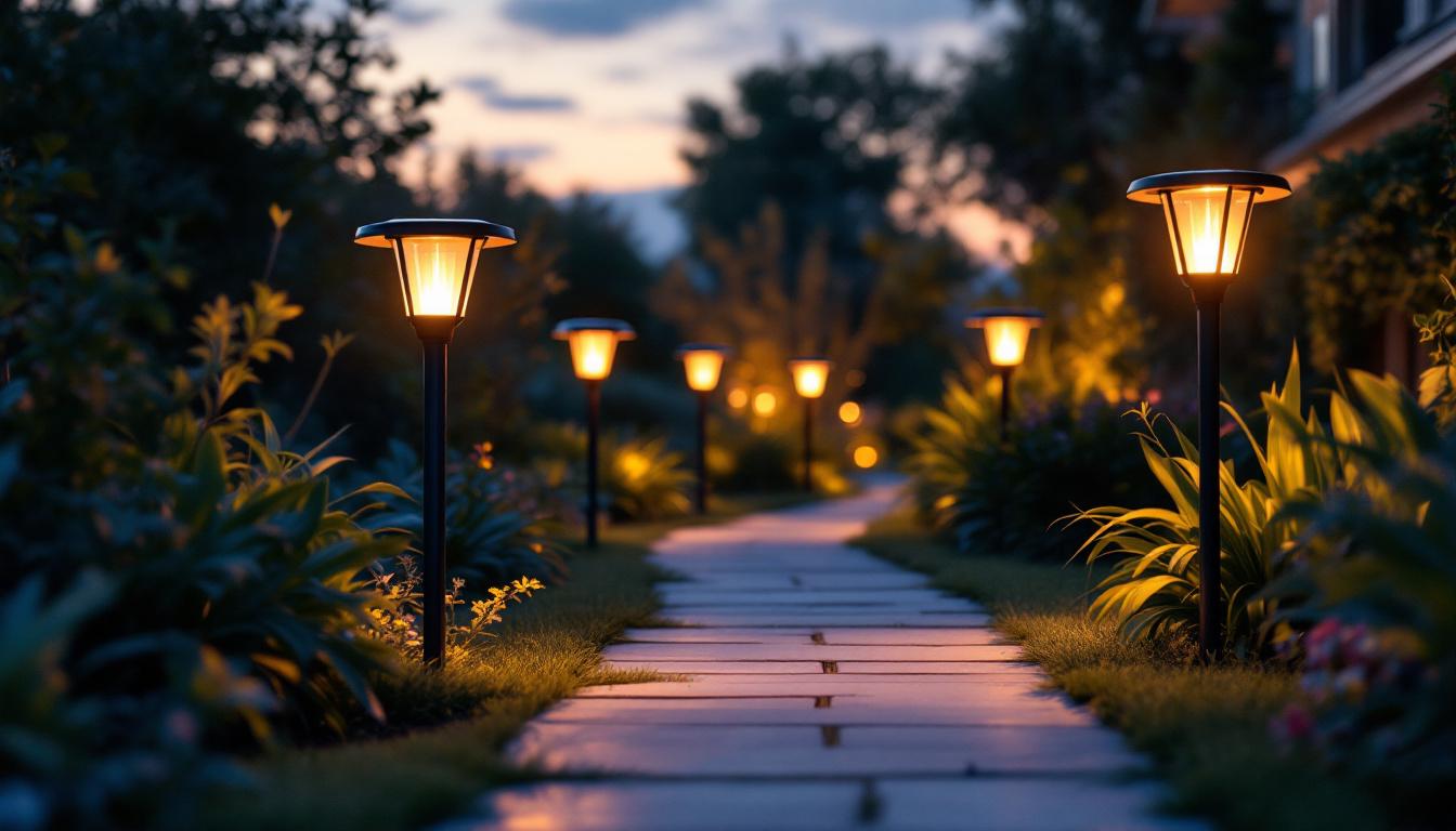 A photograph of a beautifully illuminated outdoor pathway featuring bright solar path lights