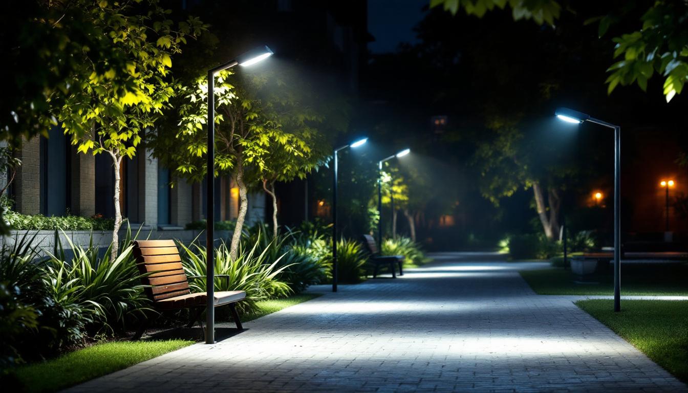 A photograph of a well-lit outdoor space showcasing various flood lights in use
