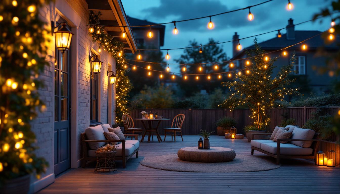 A photograph of a beautifully illuminated patio at dusk