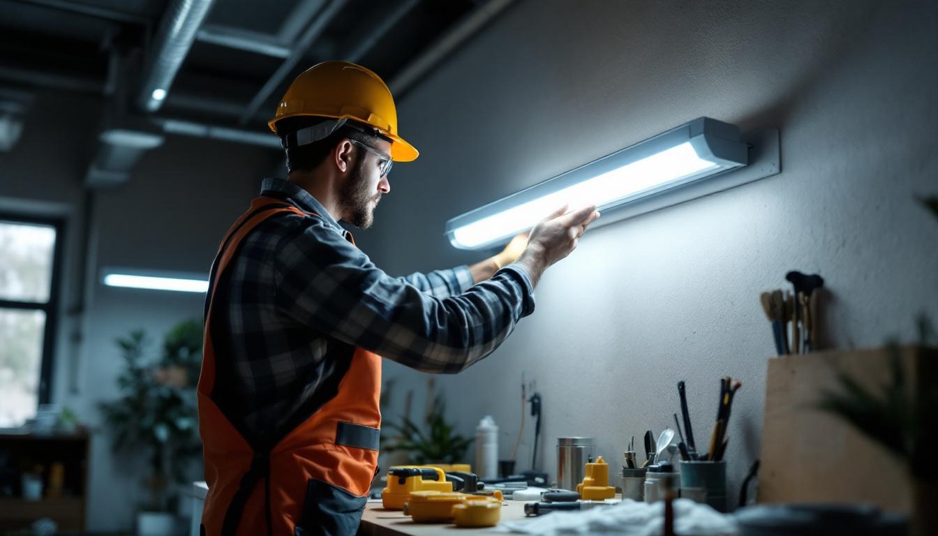 A photograph of a well-lit workspace featuring a person installing a fluorescent light fixture
