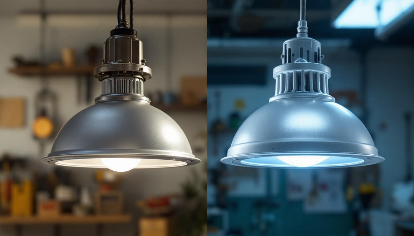 A photograph of a side-by-side comparison of a metal halide light fixture and an led light fixture in a well-lit environment