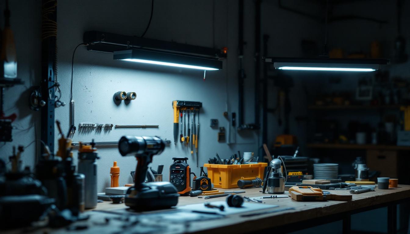 A photograph of a well-lit workshop or electrical engineering workspace featuring a 6-foot led shop light illuminating the area