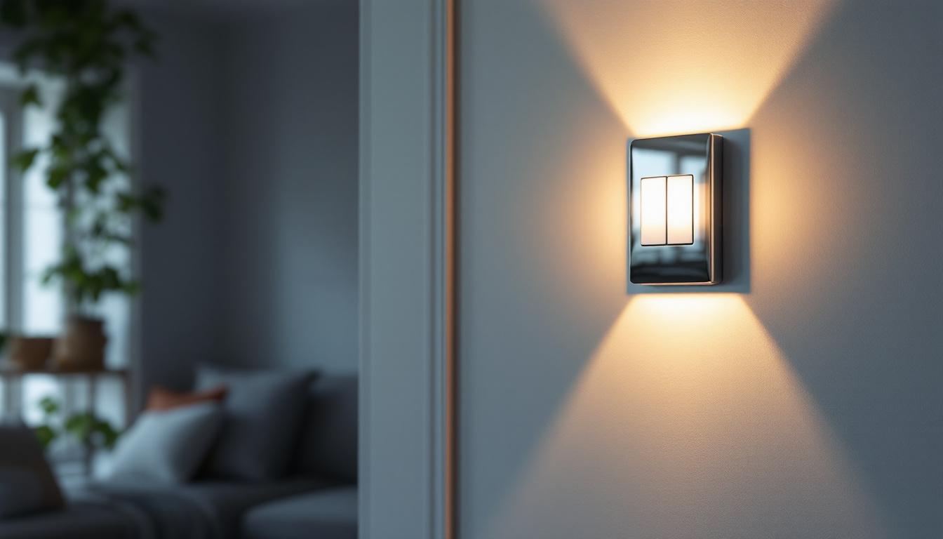 A photograph of a stylishly designed wall light switch in a well-lit room setting
