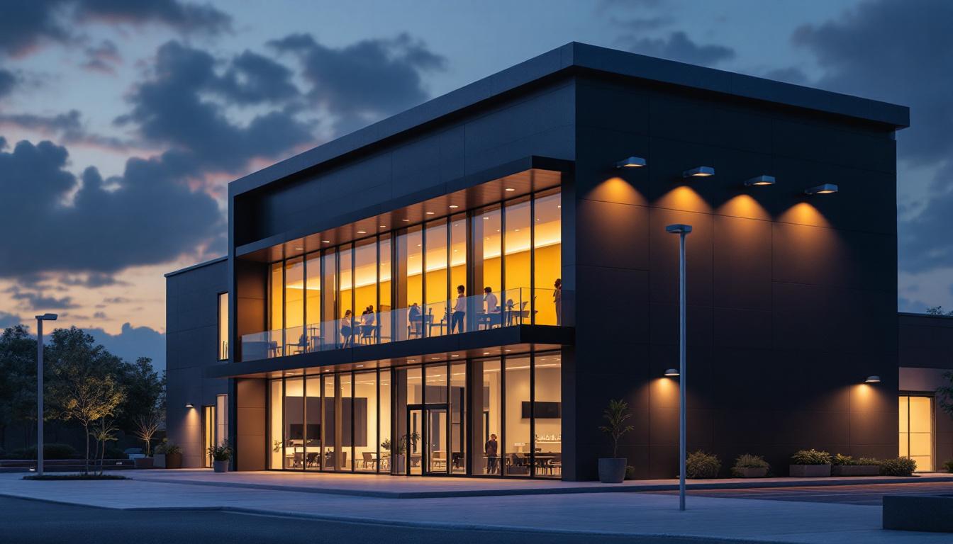 A photograph of a well-lit commercial building at dusk