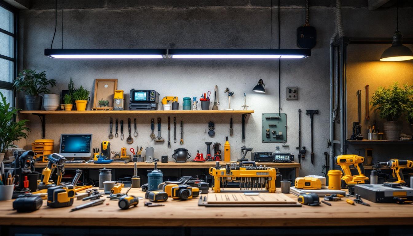 A photograph of a well-lit workspace featuring t5 shop lights in action