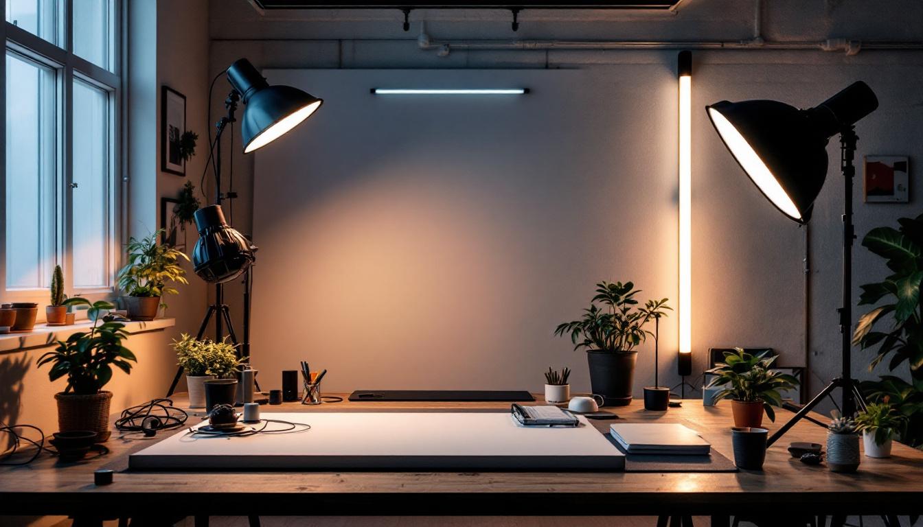 A photograph of a well-lit workspace featuring various tube led lighting setups