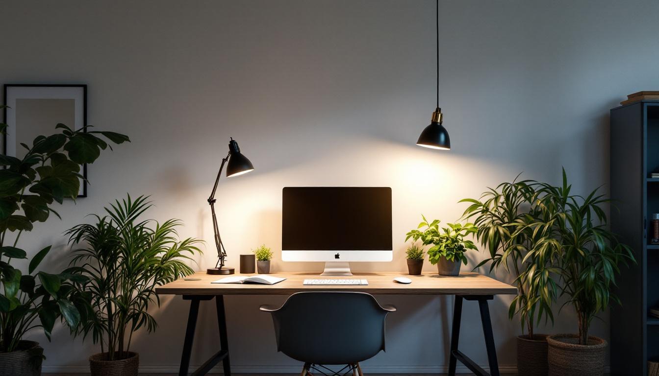 A photograph of a well-lit home office space featuring a variety of overhead lighting options