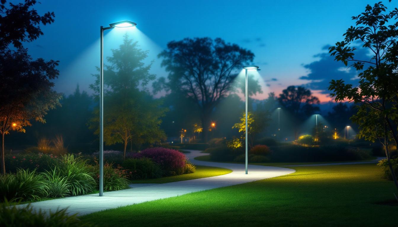 A photograph of a well-lit outdoor setting featuring several led pole lights in action