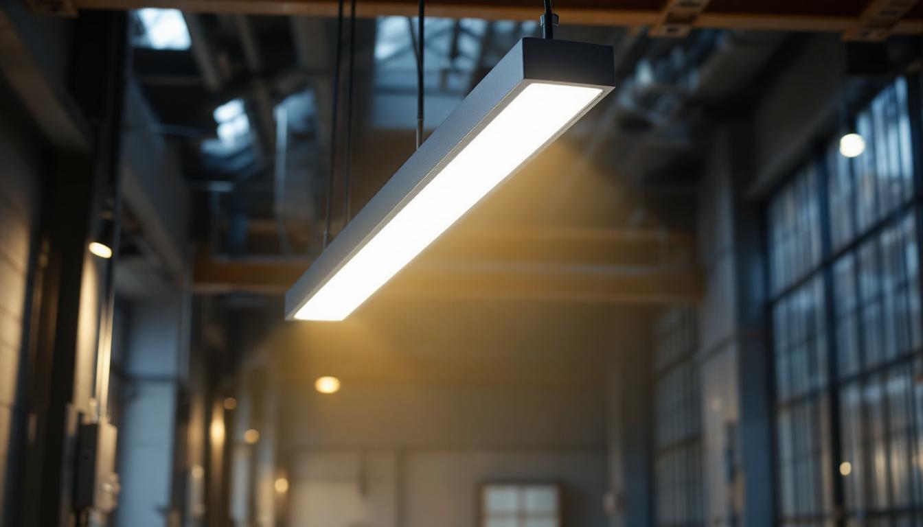 A photograph of a sleek 4ft led vapor tight fixture installed in a modern industrial setting