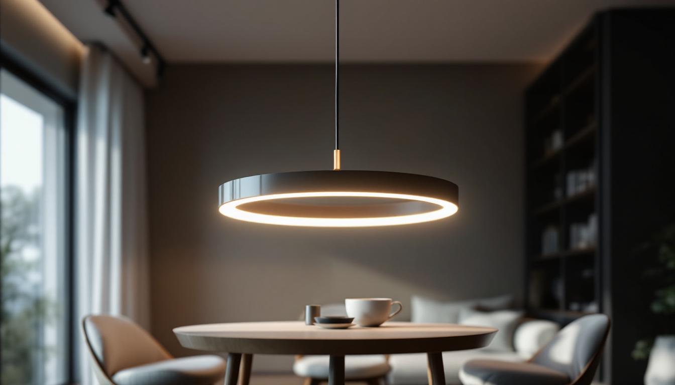 A photograph of a beautifully designed circle pendant light hanging in a modern interior setting