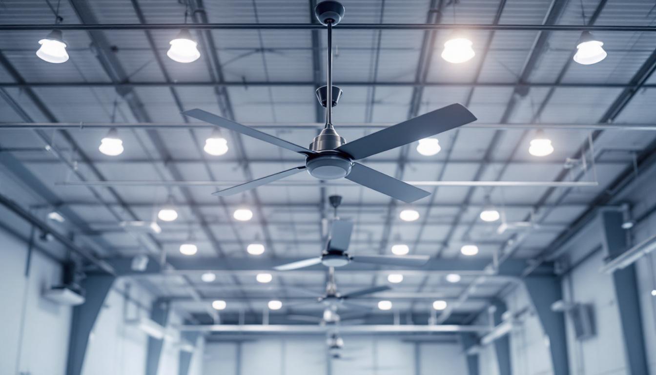 A photograph of a spacious warehouse interior showcasing large ceiling fans in action