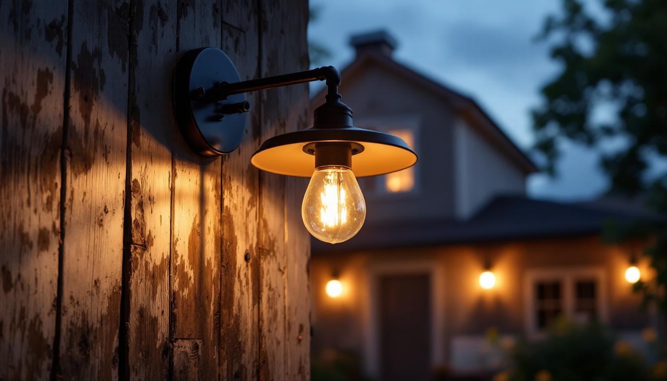 A photograph of a beautifully designed barn-style outdoor light fixture illuminated at dusk