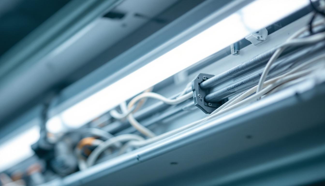A photograph of a close-up view of a fluorescent light fixture with its ballast exposed
