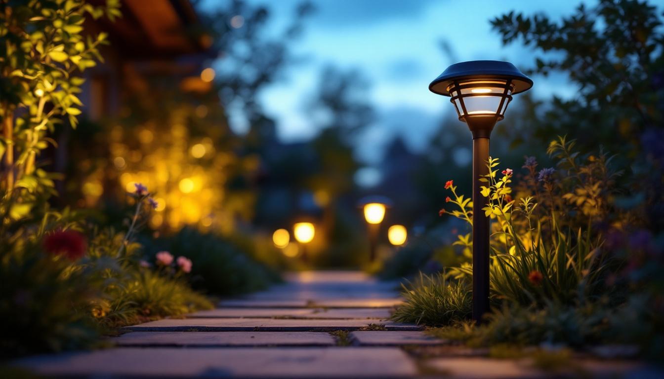 A photograph of a beautifully designed solar-powered outdoor light illuminating a garden or pathway at dusk