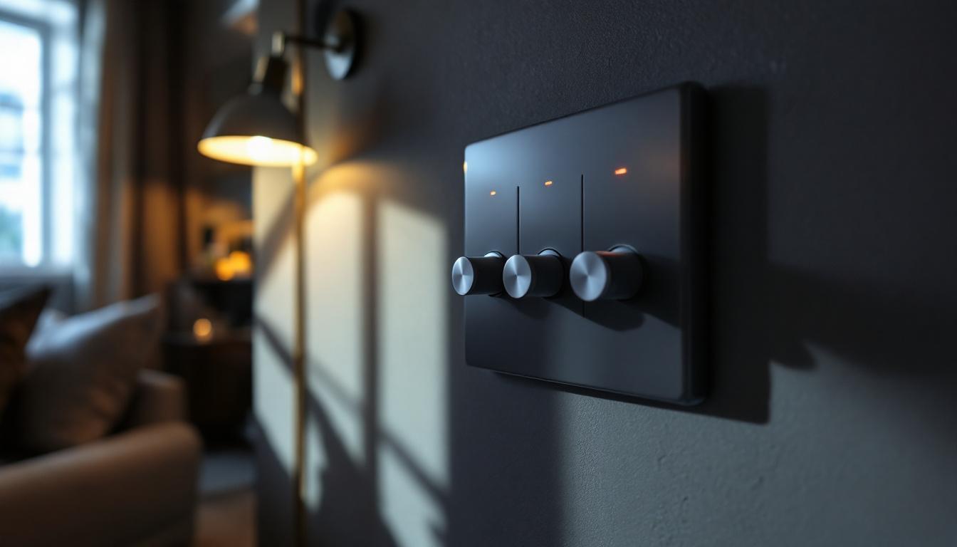 A photograph of a stylishly designed room featuring a three-toggle light switch in action