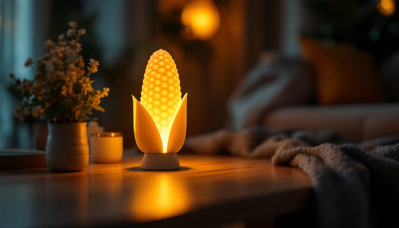 A photograph of a stylish corn lamp in a cozy