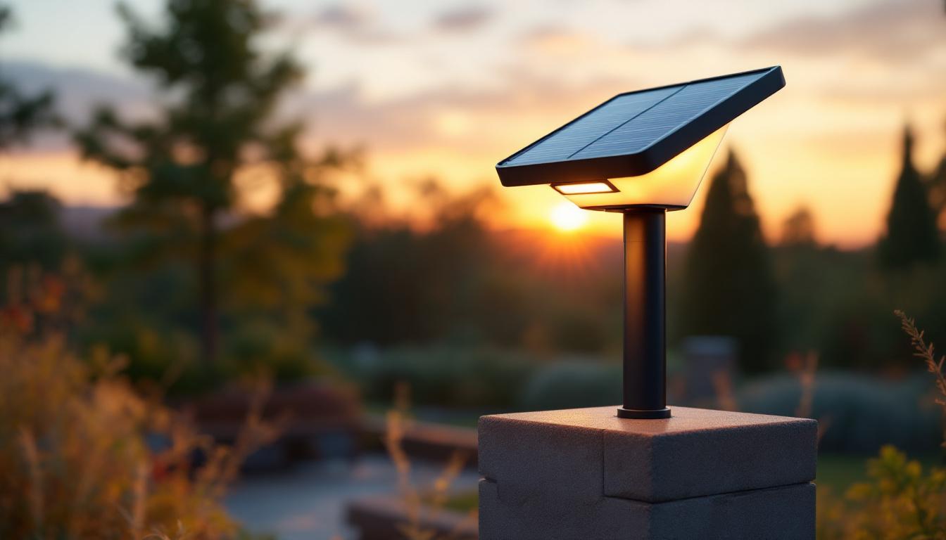 A photograph of a beautifully designed solar light installed on a stylish post in an outdoor setting