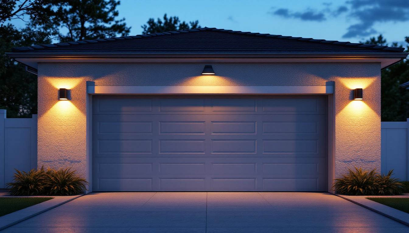 A photograph of a beautifully illuminated outside garage wall