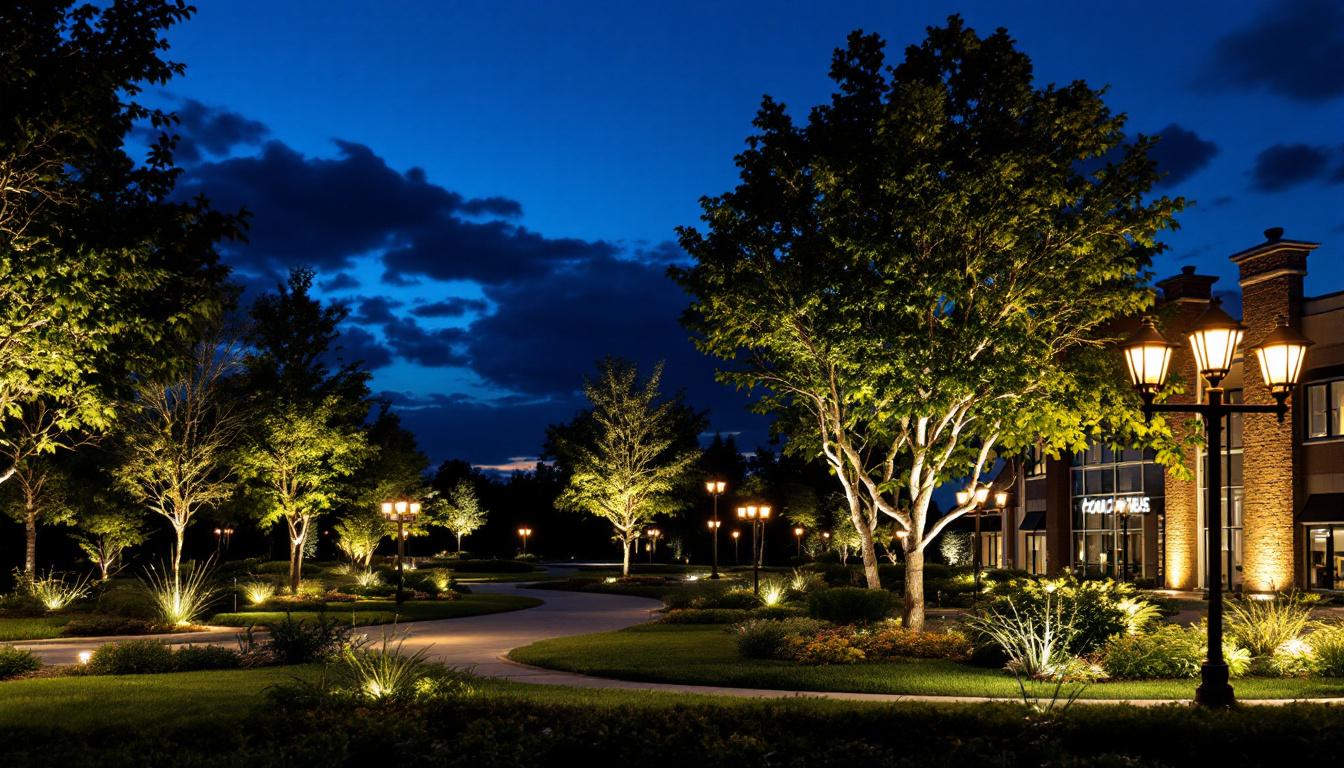 A photograph of a beautifully illuminated commercial landscape at dusk