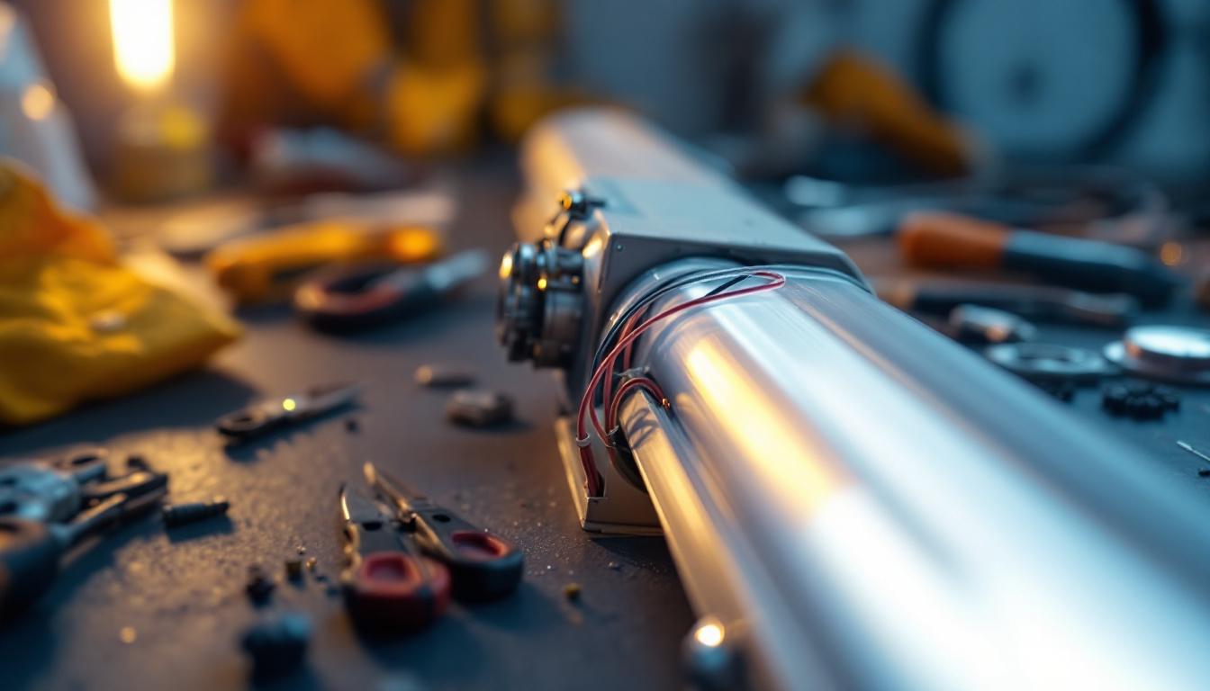 A photograph of a close-up shot of a fluorescent light fixture being disassembled