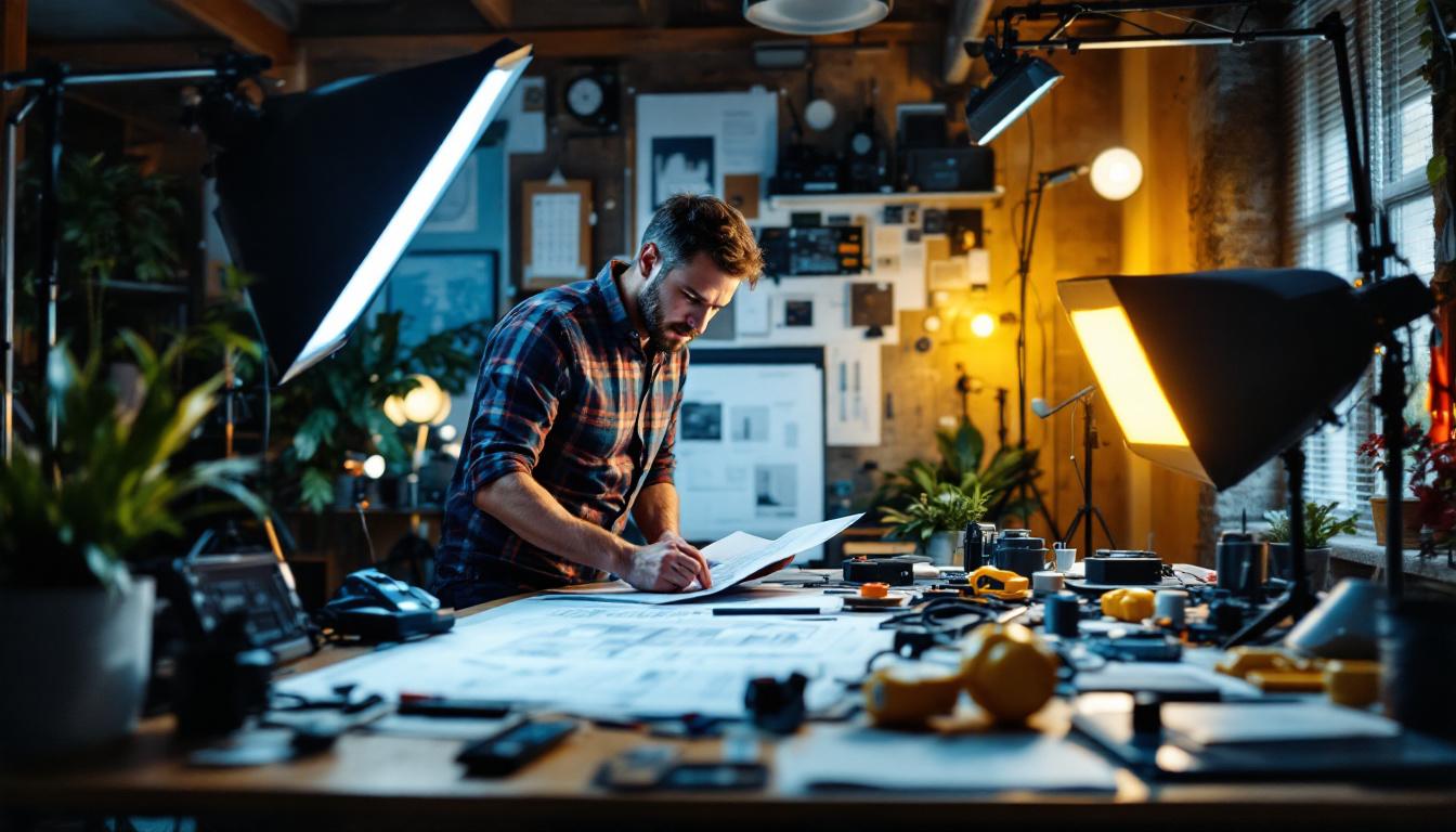 A photograph of a well-lit workspace featuring various lightweight lighting hardware tools and equipment