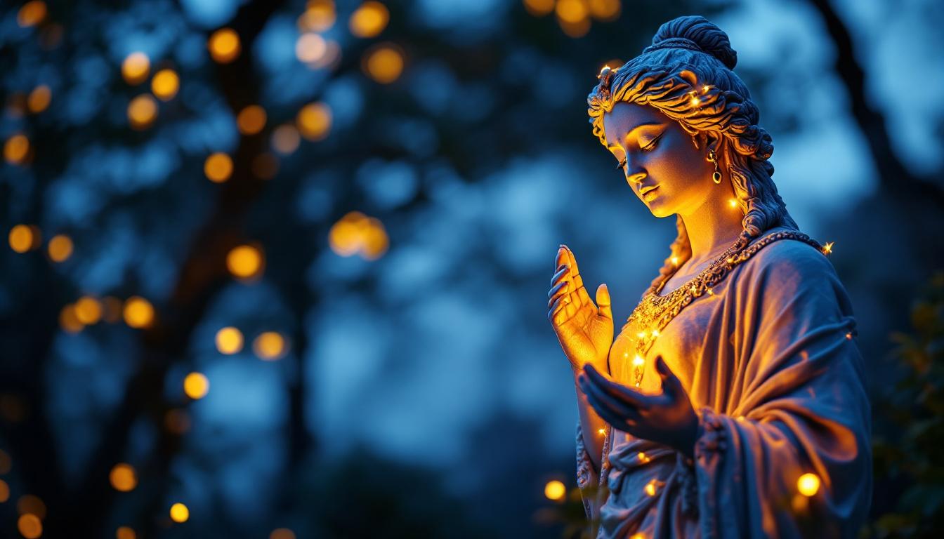 A photograph of a beautifully illuminated solar light statue in a serene outdoor setting at dusk