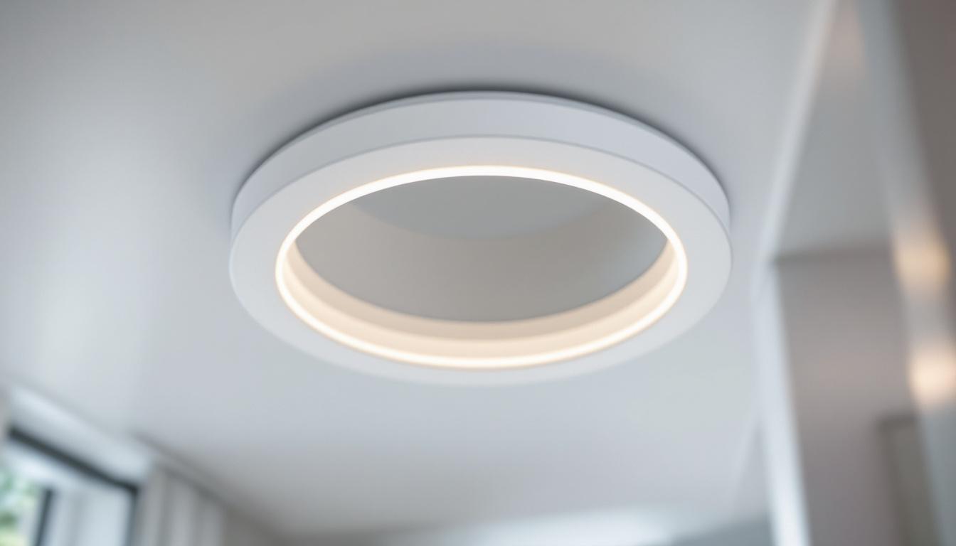 A photograph of a close-up shot of a 6-inch recessed light trim ring installed in a modern ceiling