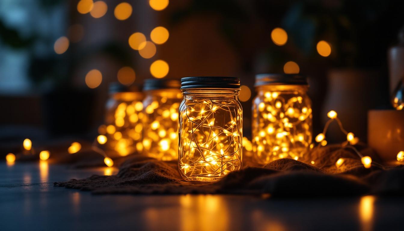A photograph of a beautifully arranged set of led jar lights in a dimly lit environment