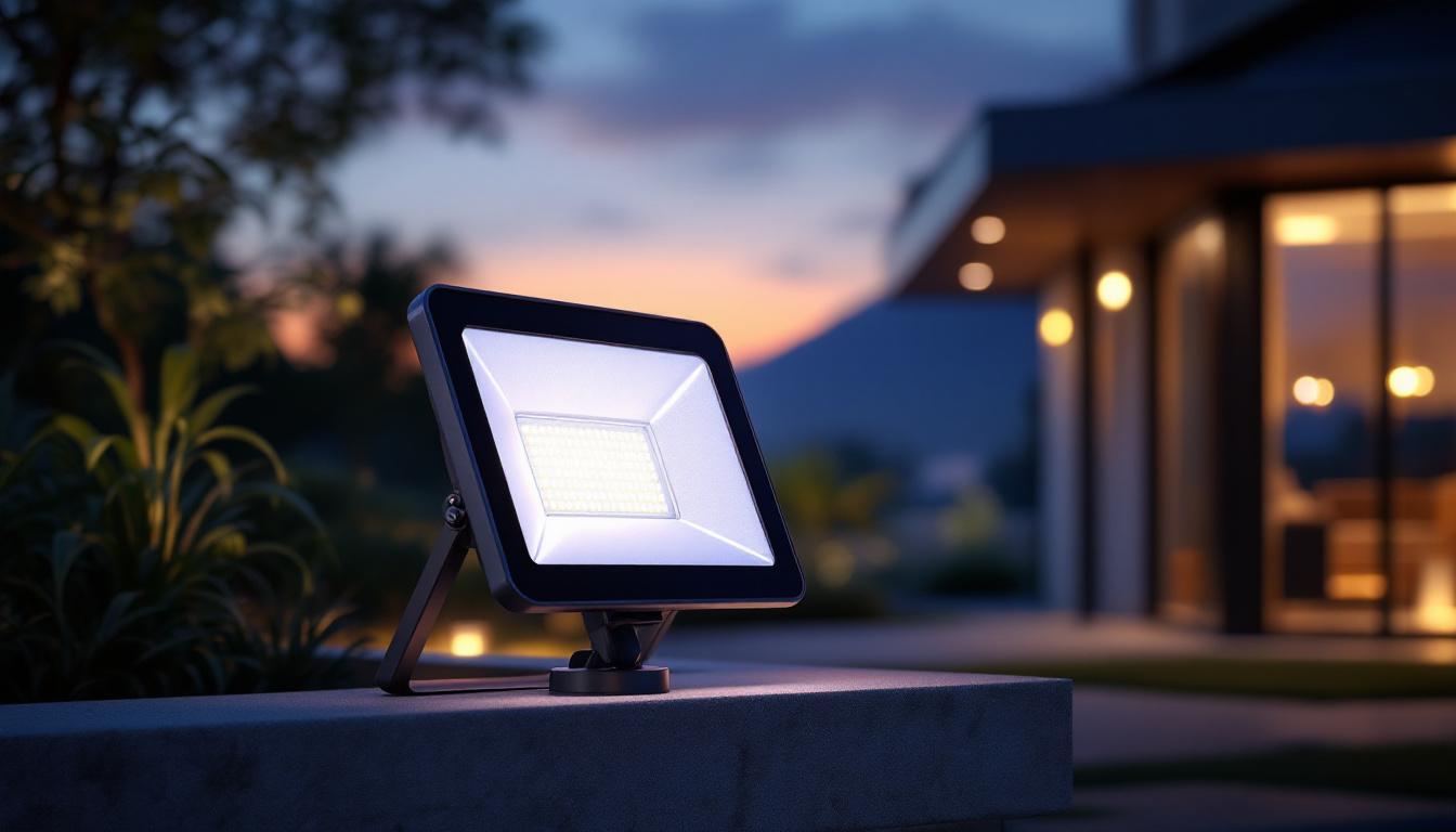 A photograph of a solar flood light illuminated at dusk