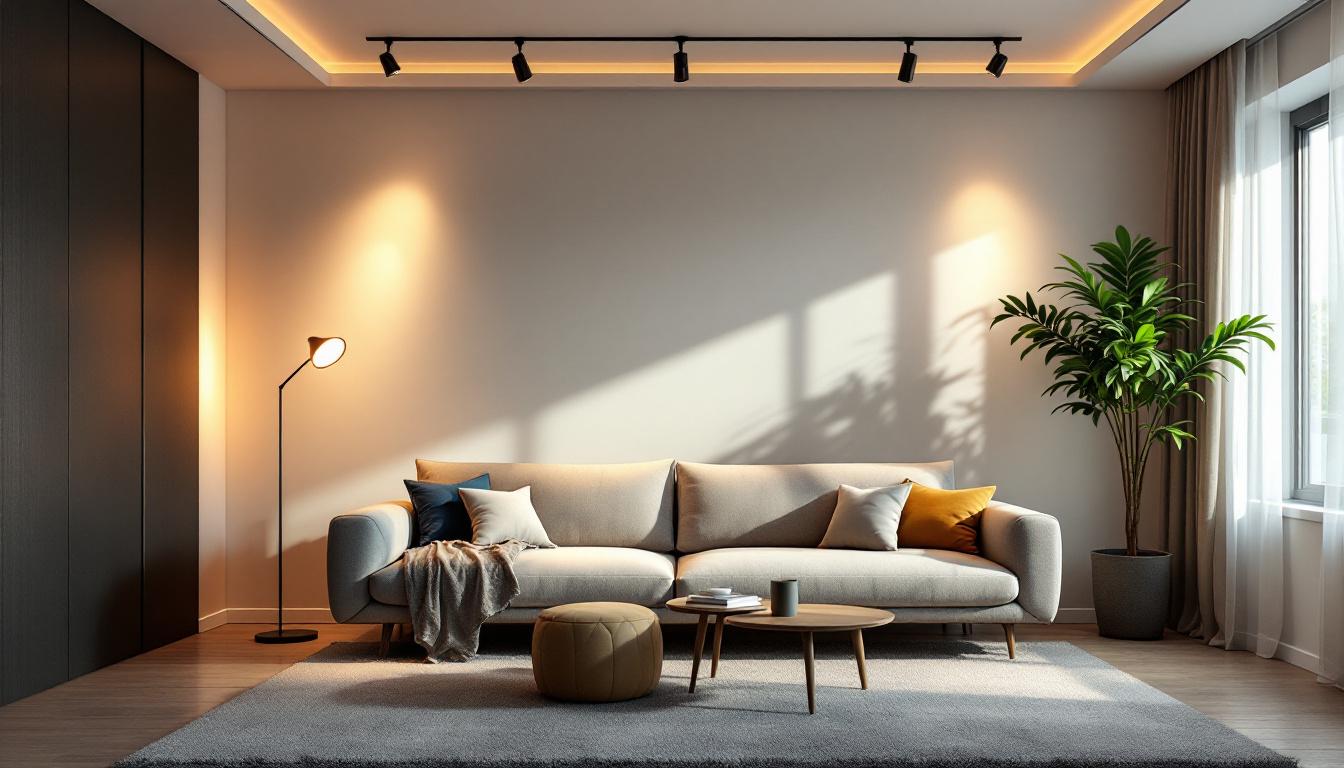 A photograph of a modern living room featuring stylish track lighting