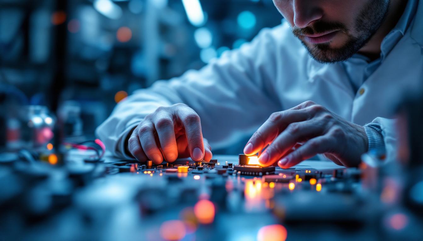 A photograph of a close-up shot of an electrical engineer working with motion light sensors in a lab setting