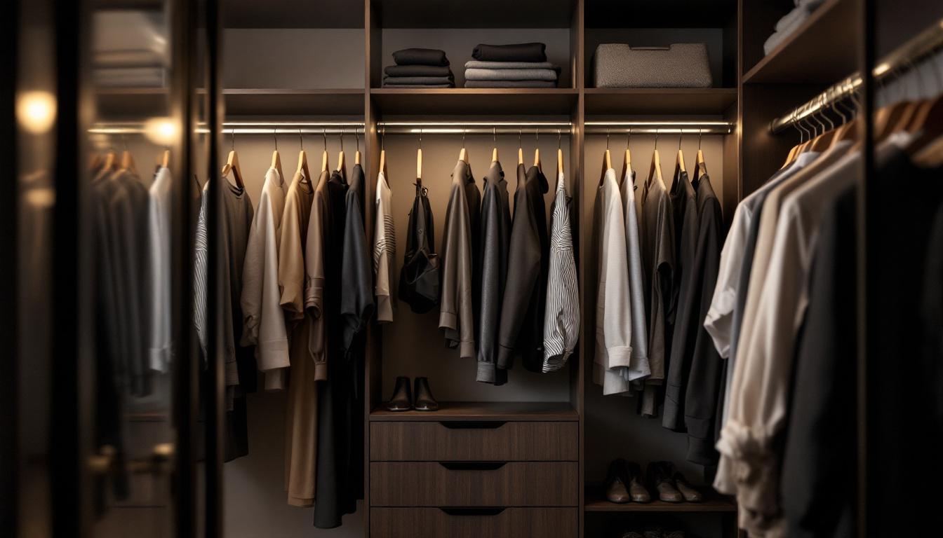 A photograph of a stylish closet interior featuring modern pull chain light fixtures
