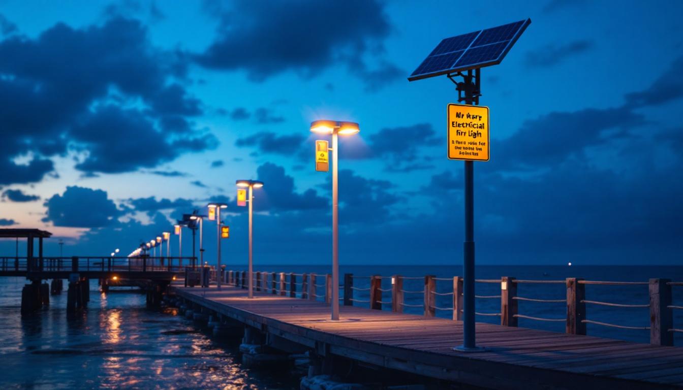 A photograph of a solar-powered pier light installation at dusk