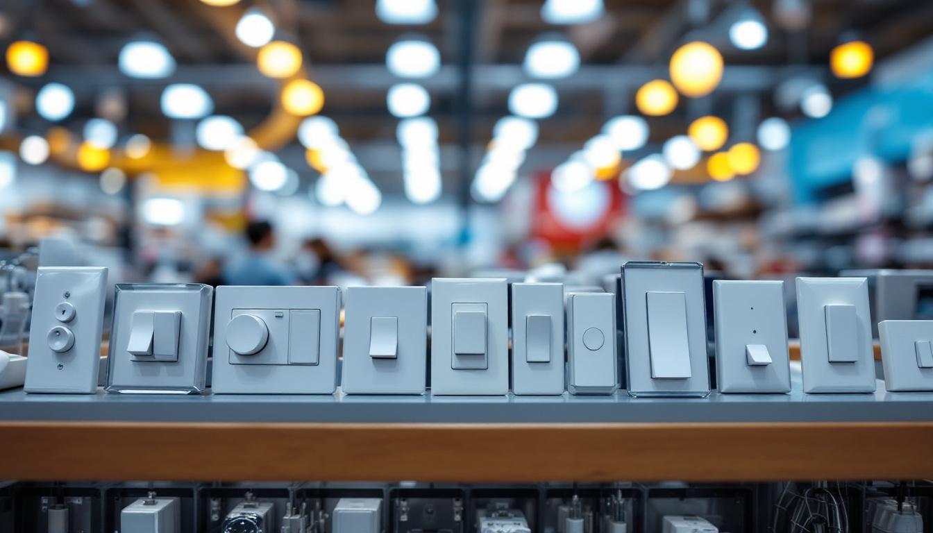 A photograph of a well-organized display of various light switches in a home improvement store