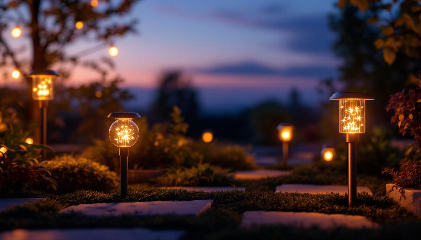 A photograph of capture a photograph of a beautifully illuminated outdoor space featuring solar battery lights in various designs