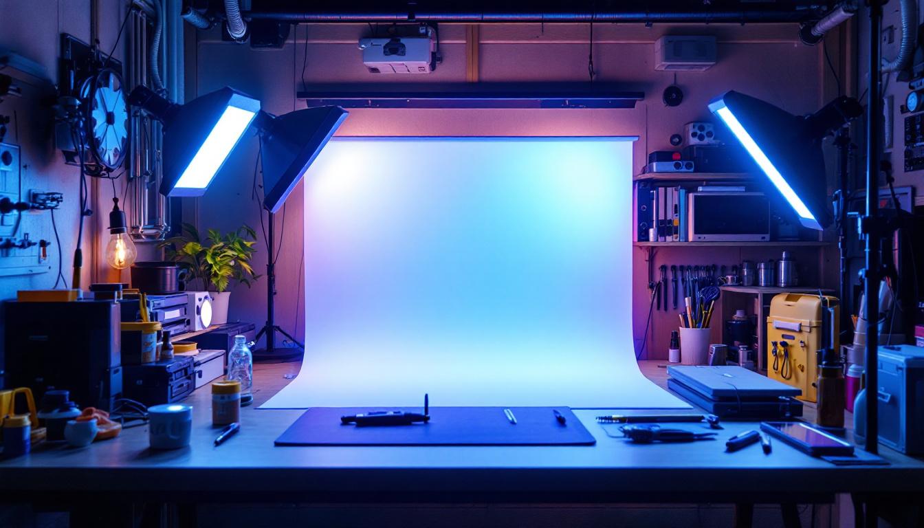 A photograph of a clean and well-organized lighting engineer's workspace