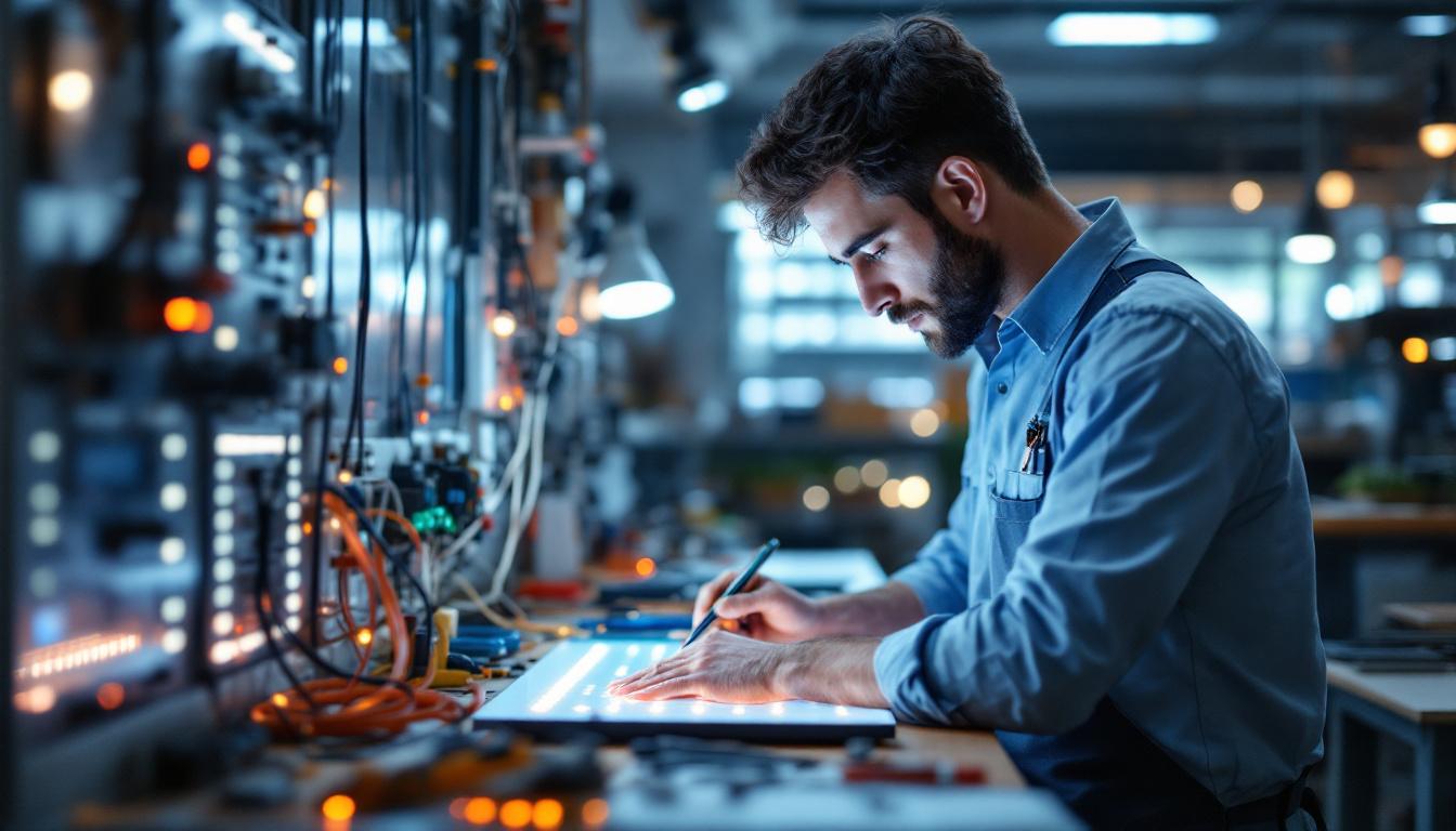 A photograph of a skilled electrical engineer working intently on a panel flat led installation